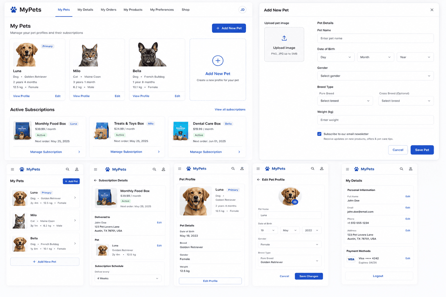Pet Profile, Subscription Hub & Personalised Recommendations — Customer Account UI preview