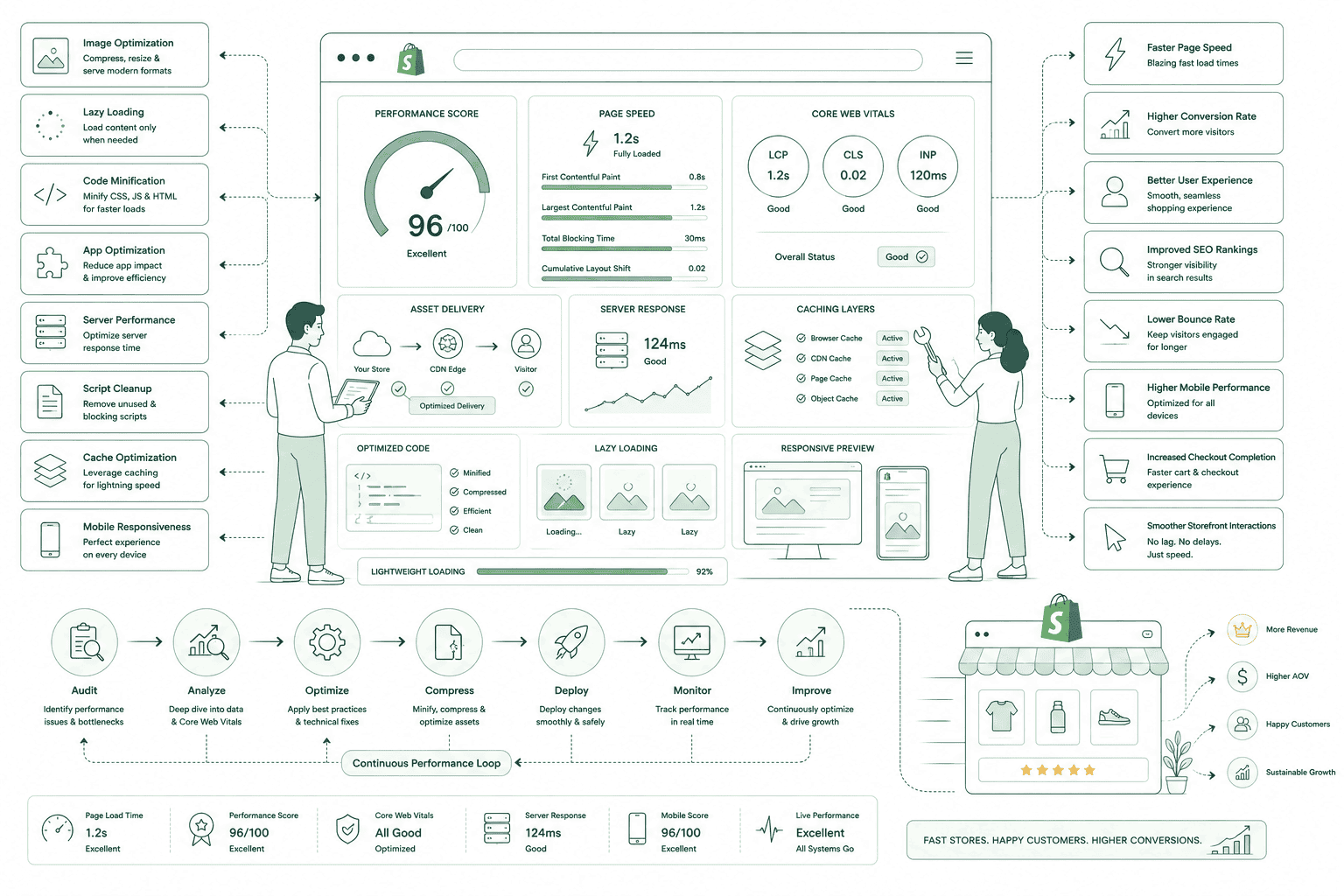 Shopify speed optimization — faster load times and green Core Web Vitals dashboard
